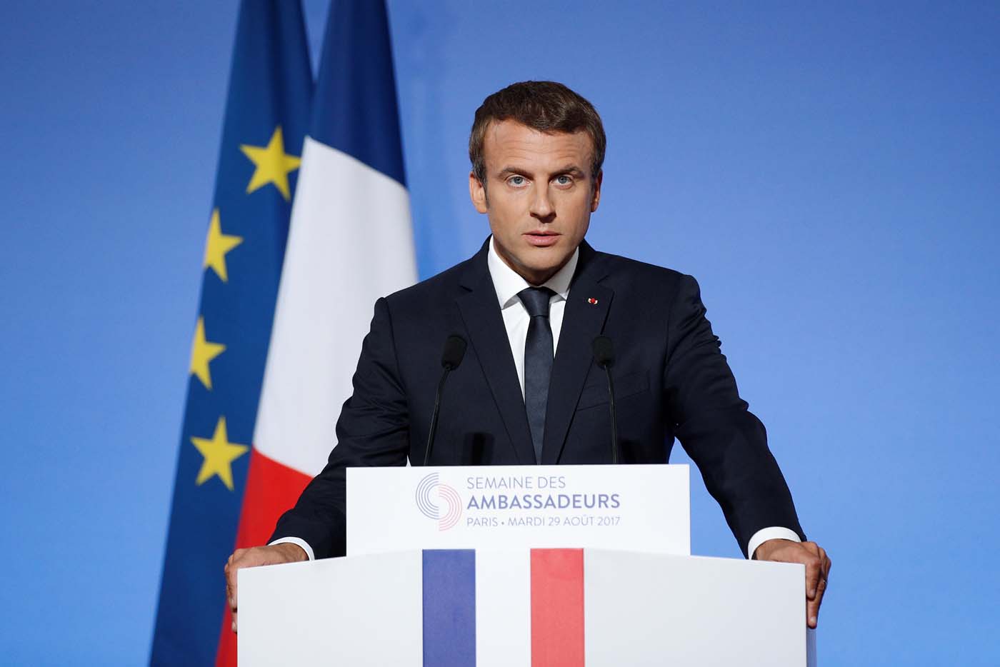 French President Emmanuel Macron addresses a speech during the annual gathering of French Ambassadors at the Elysee Palace in Paris, France, August 29, 2017. REUTERS/Yoan Valat/Pool