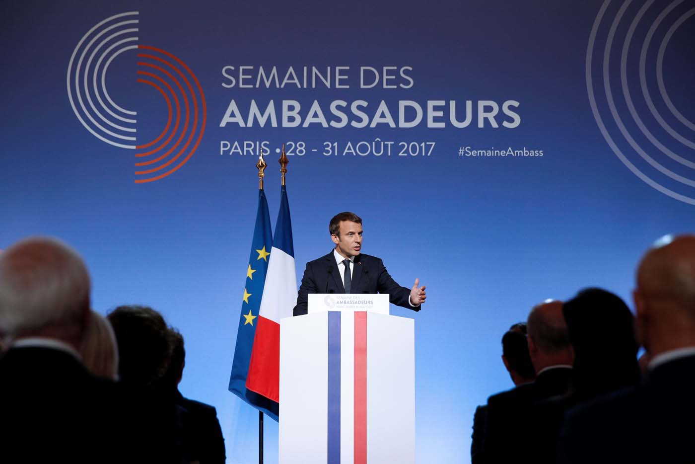 French President Emmanuel Macron addresses a speech during the annual gathering of French Ambassadors at the Elysee Palace in Paris, France, August 29, 2017. REUTERS/Yoan Valat/Pool