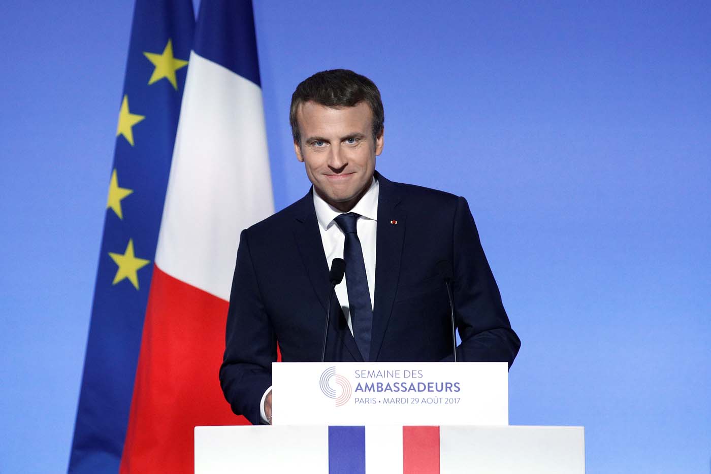 French President Emmanuel Macron addresses a speech during the annual gathering of French Ambassadors at the Elysee Palace in Paris, France, August 29, 2017. REUTERS/Yoan Valat/Pool