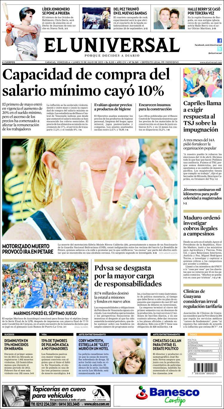 Portadas del lunes 15 de julio de 2013