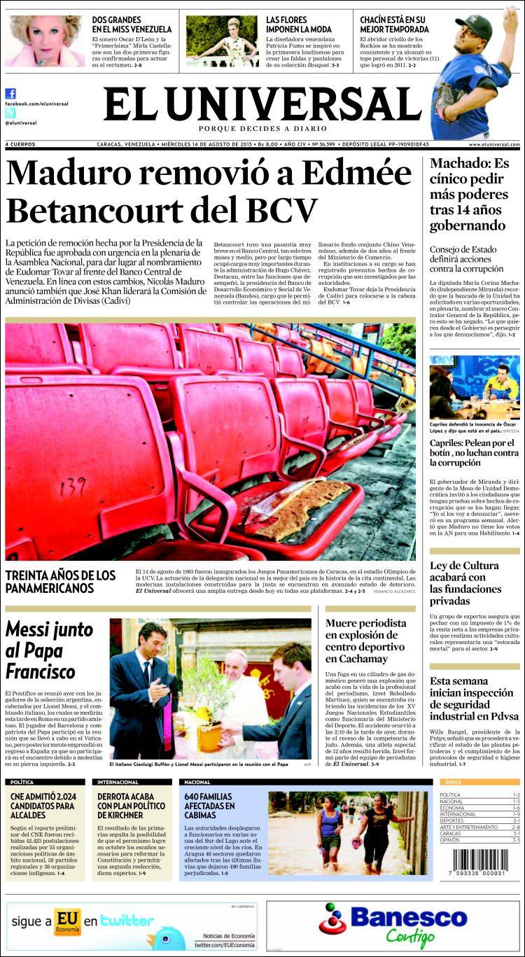 Portadas del miércoles 14 de agosto de 2013