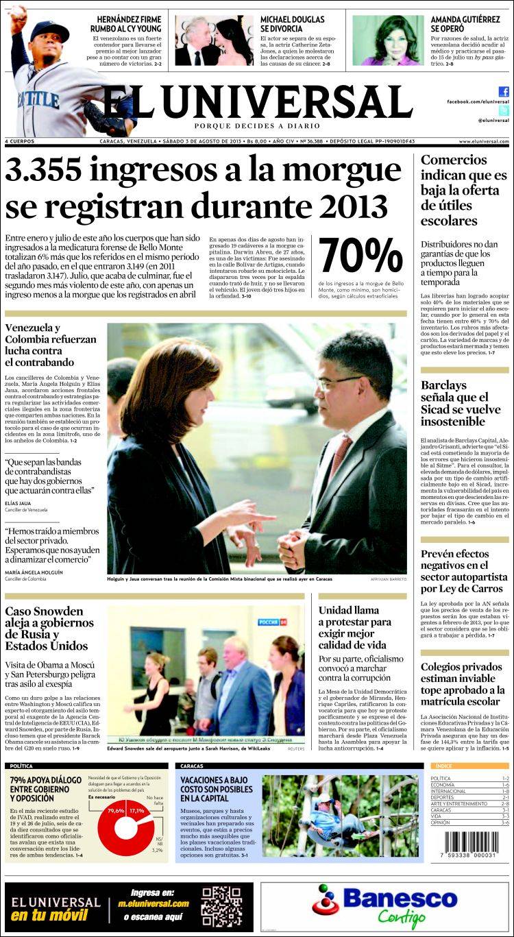 Portadas del sábado 03 de agosto de 2013