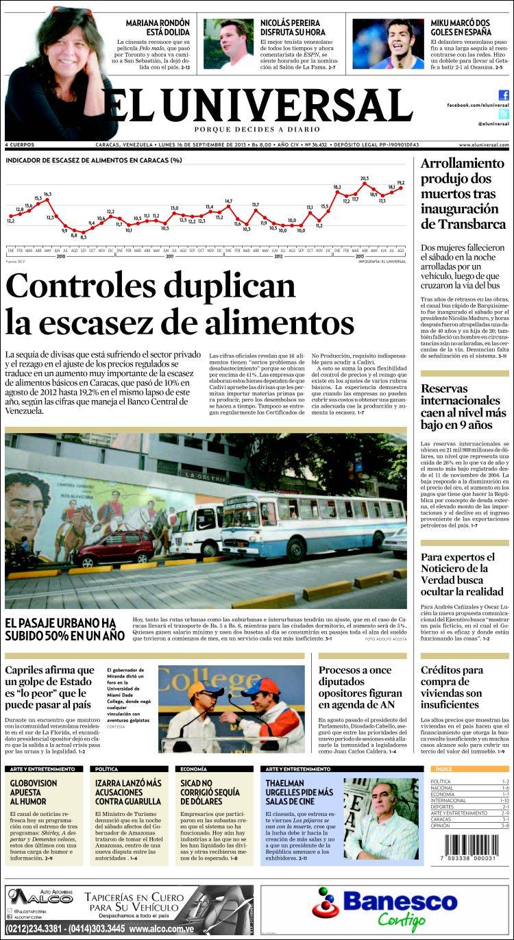 Portadas del lunes 16 de septiembre de 2013