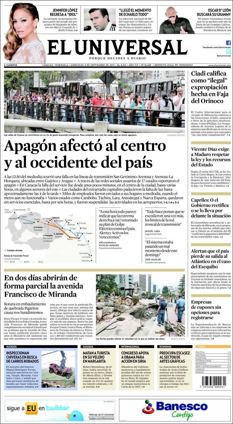 Portadas del miércoles 04 de septiembre de 2013