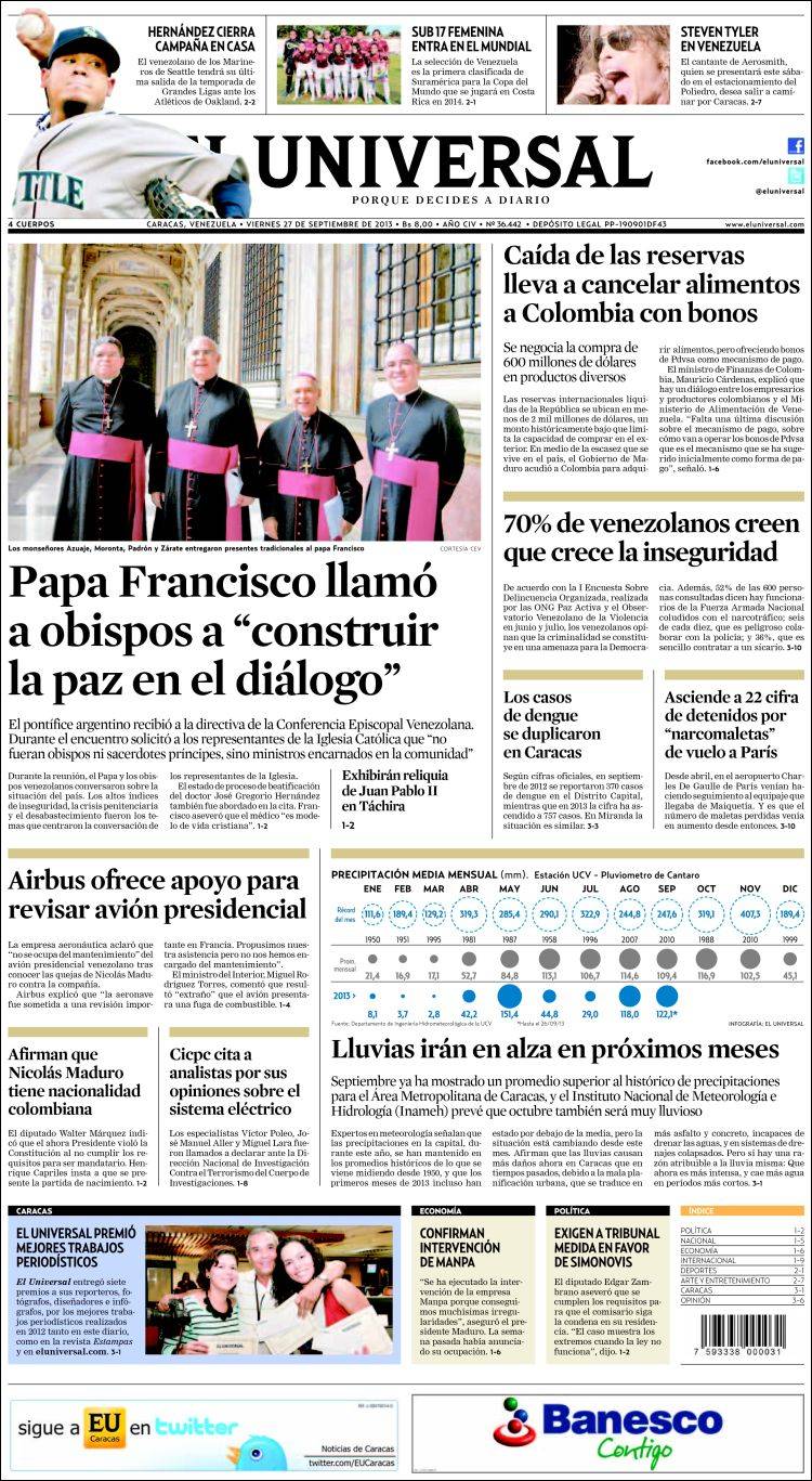 Portadas del viernes 27 de septiembre de 2013