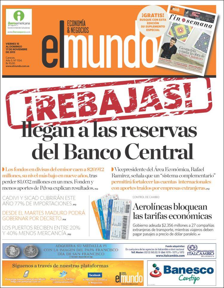 Portadas del viernes 15 de noviembre de 2013