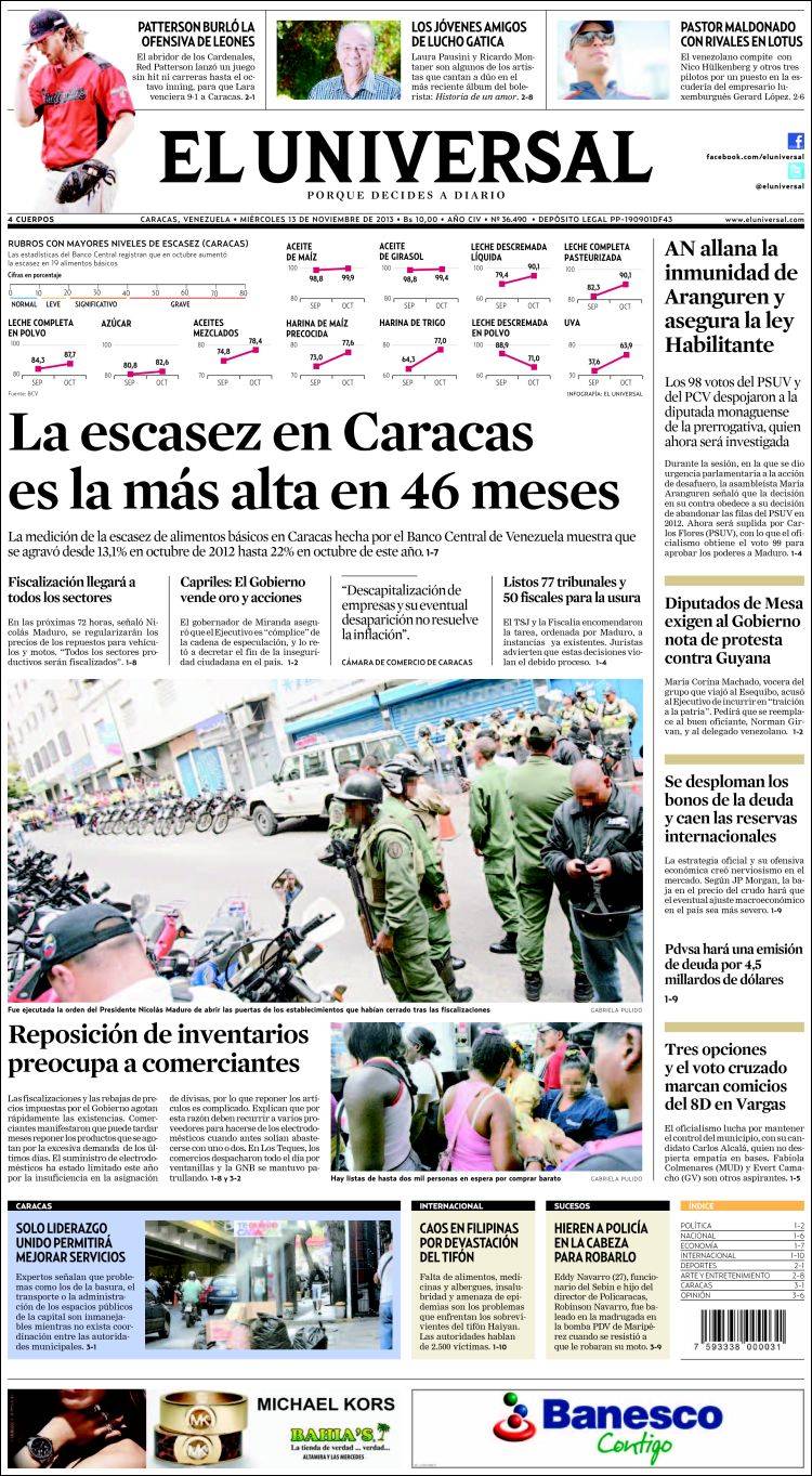 Portadas del miércoles 13 de noviembre de 2013