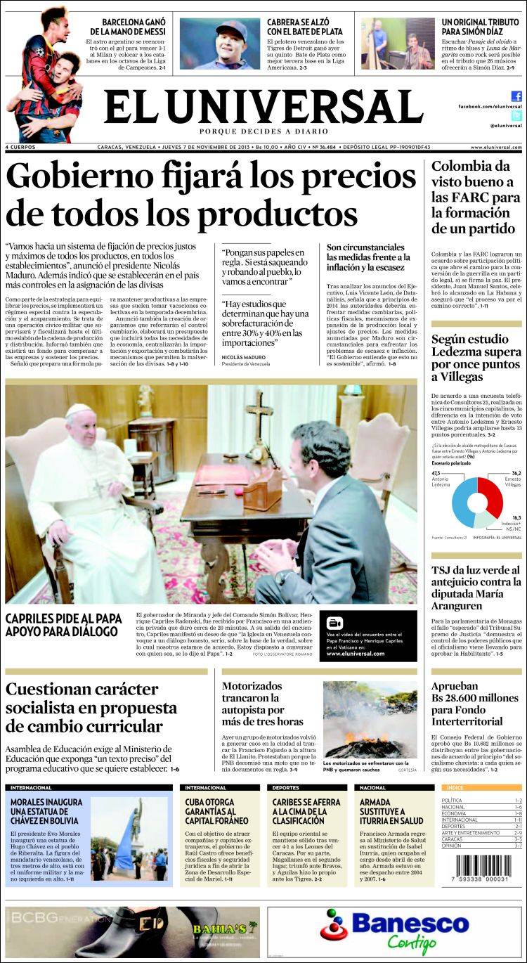 Portadas del jueves 07 de noviembre de 2013