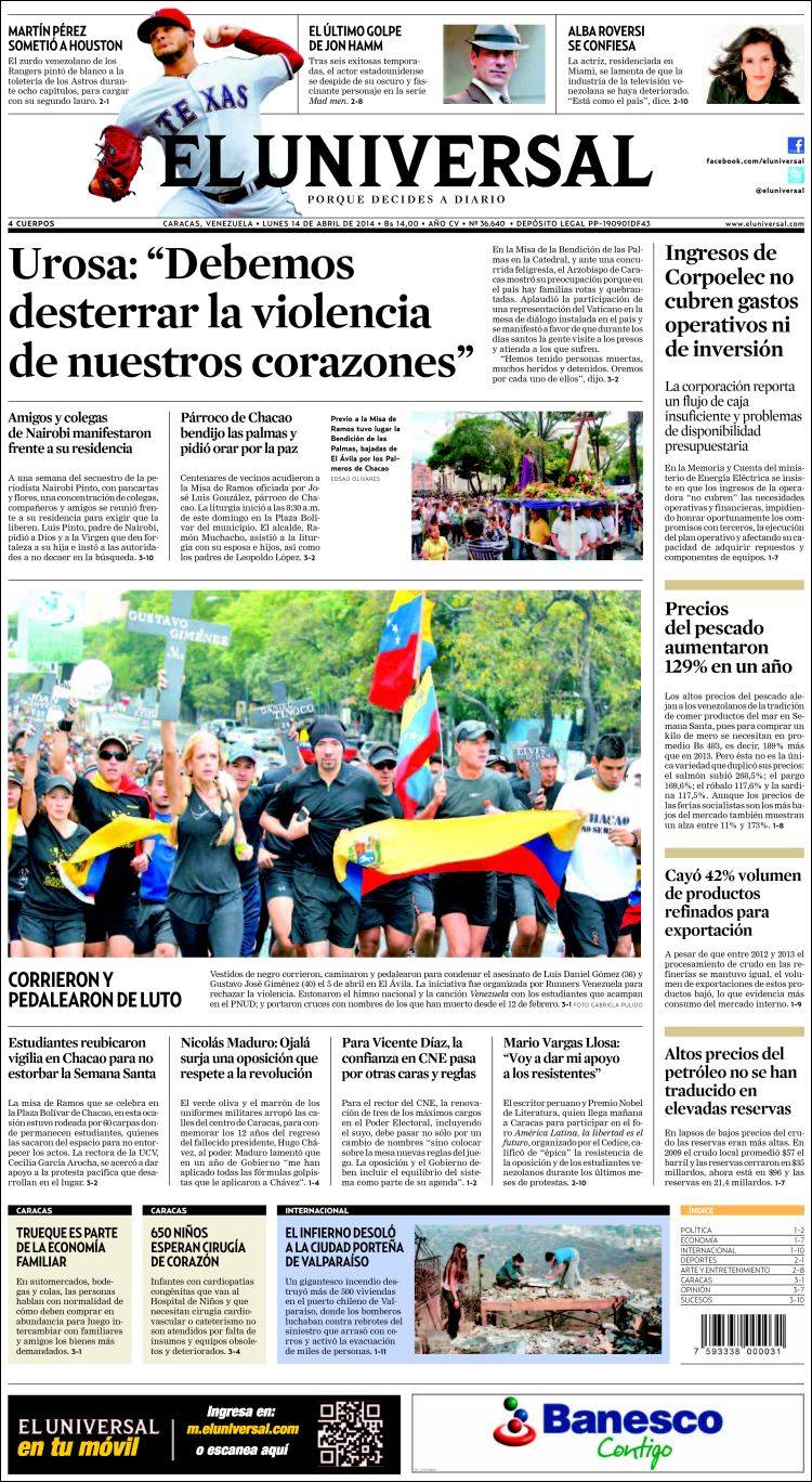 Portadas del lunes 14 de abril de 2014