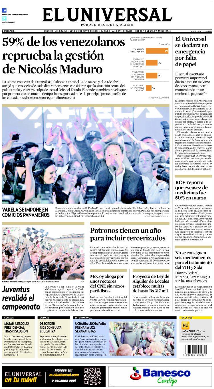 Portadas del lunes 05 de mayo de 2014