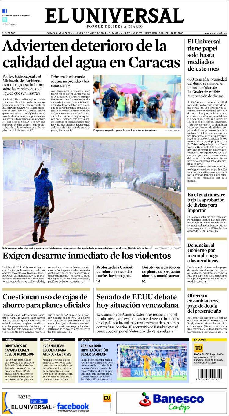 Portadas del jueves 08 de mayo de 2014