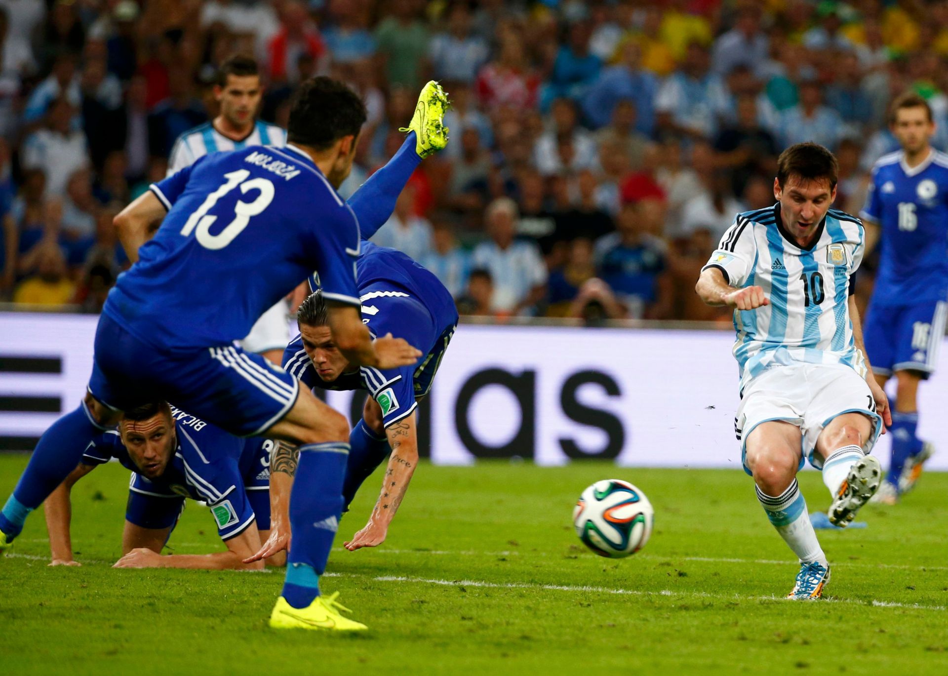 Argentinas Lionel Messi Scores A Goal During The 2014 World Cup Group