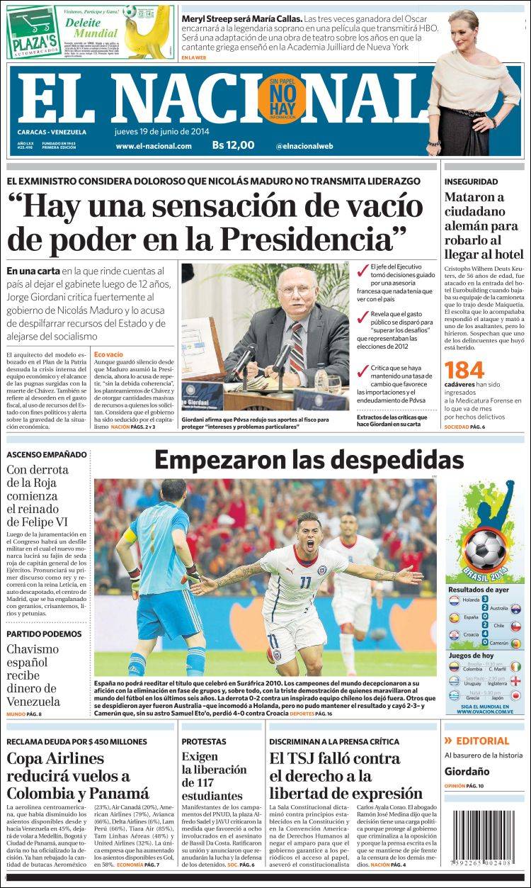 Portadas del jueves 19 de junio de 2014