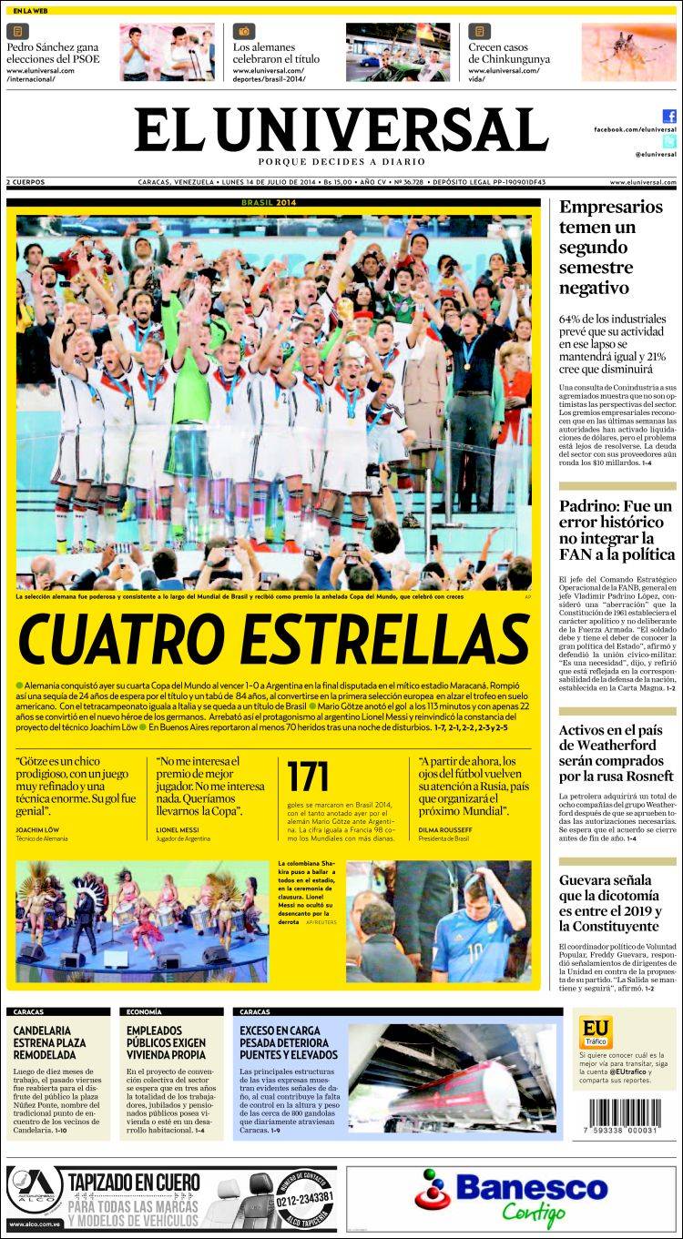 Portadas del lunes 14 de julio de 2014