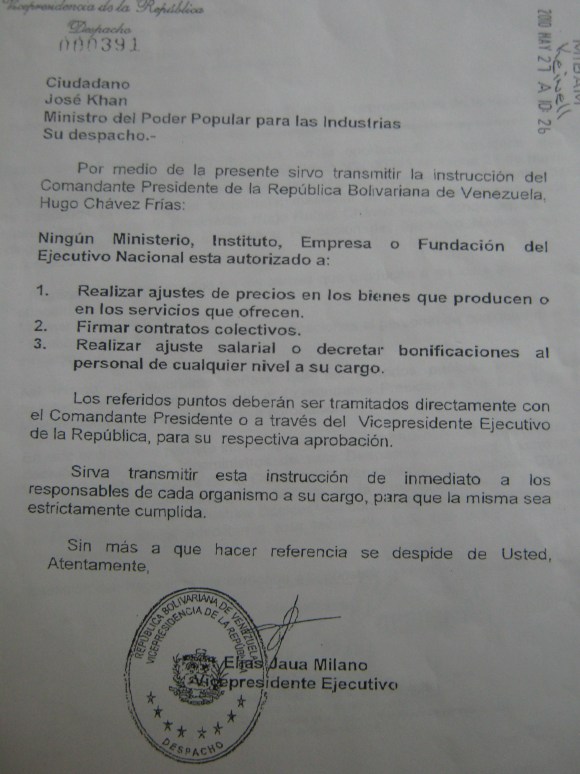 Carta de Jaua prohibiendo contrato colectivo