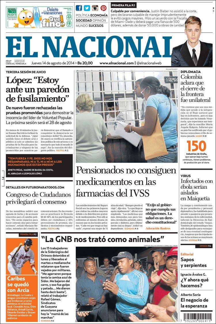 Portadas del jueves 14 de agosto de 2014