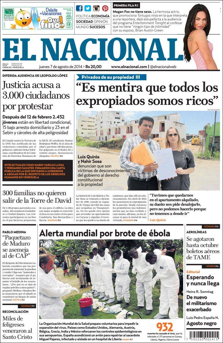 Portadas del jueves 07 de agosto de 2014