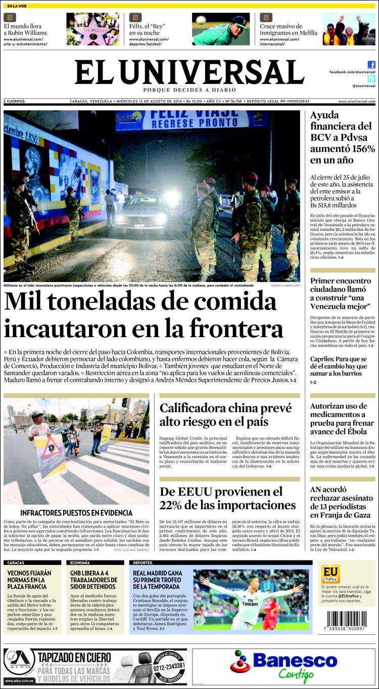 Portadas del miércoles 13 de agosto de 2014