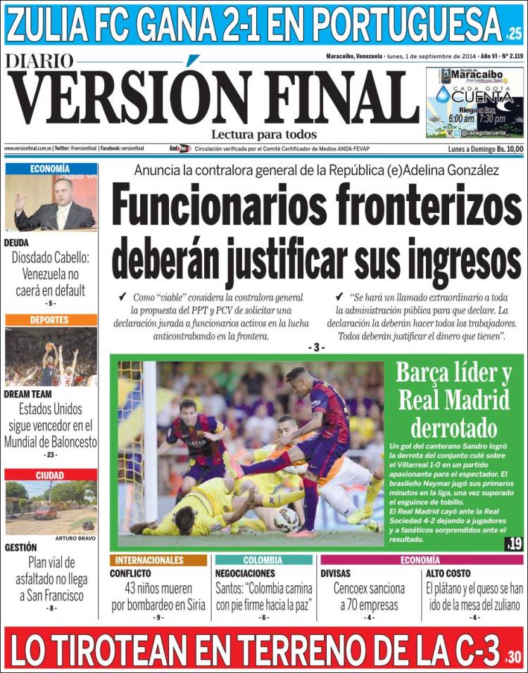 Portadas del lunes 1° de septiembre de 2014