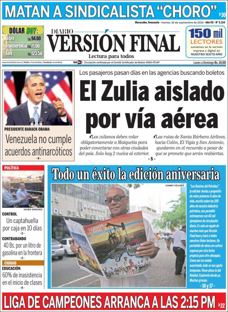 Portadas del martes 16 de septiembre de 2014