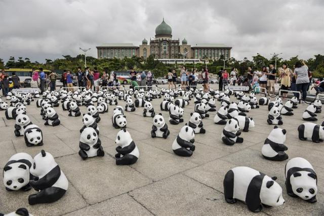 Una vista general que muestra parte de los 1.600 osos panda hechos en papel expuestos frente a la mezquita Putra en Putrajaya (Malasia), hoy, martes 23 de diciembre de 2014. Los pandas, creados por el artista francés Paulo Grangeon, tienen diferentes formas y tamaños, y están realizados con seis tipos diferentes de papel. La colección "Iniciando la cultura y la conservación creativa" visitará más de 15 ciudades icónicas en Malasia del 21 de diciembre al 25 de enero de 2015 para concienciar sobre la conservación de los pandas y el desarrollo sostenible. Los 1.600 pandas de papel recuerdan el número de osos panda que viven en libertad en la actualidad. EFE/Fazry Ismail