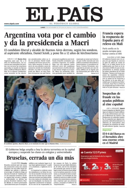 Portadas de la prensa internacional de este lunes 23 de noviembre de 2015