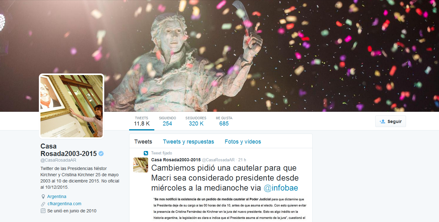 Cristina Fernández se queda con la cuenta de Twitter de Casa Rosada