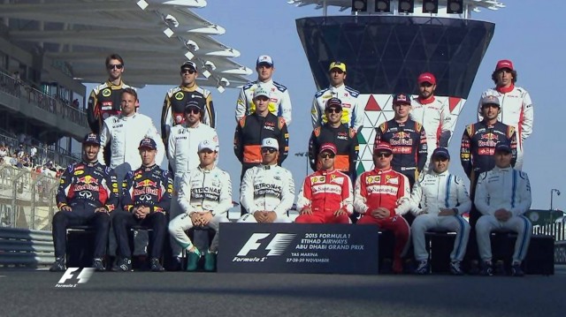 Imagen de archivo de los pilotos de la F1 previo al GP de Abu Dabi 2015. Foto: f1enestadopuro.com 