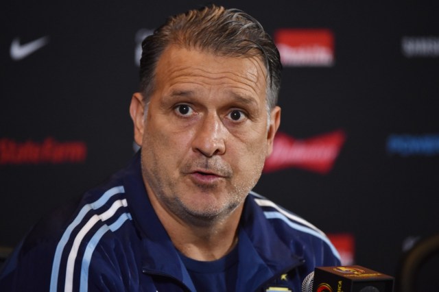 Gerardo Martino, coach of Argentina, addresses a press conference at Gillette Stadium in Boston, Massachusetts, on June 17, 2016. Argentina will face Venezuela on June 18 in their Copa America Centenario quarterfinal match. / AFP PHOTO / NELSON ALMEIDA