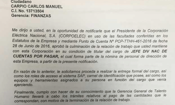 Trabajadores de Corpoelec recibieron cartas de despido por 