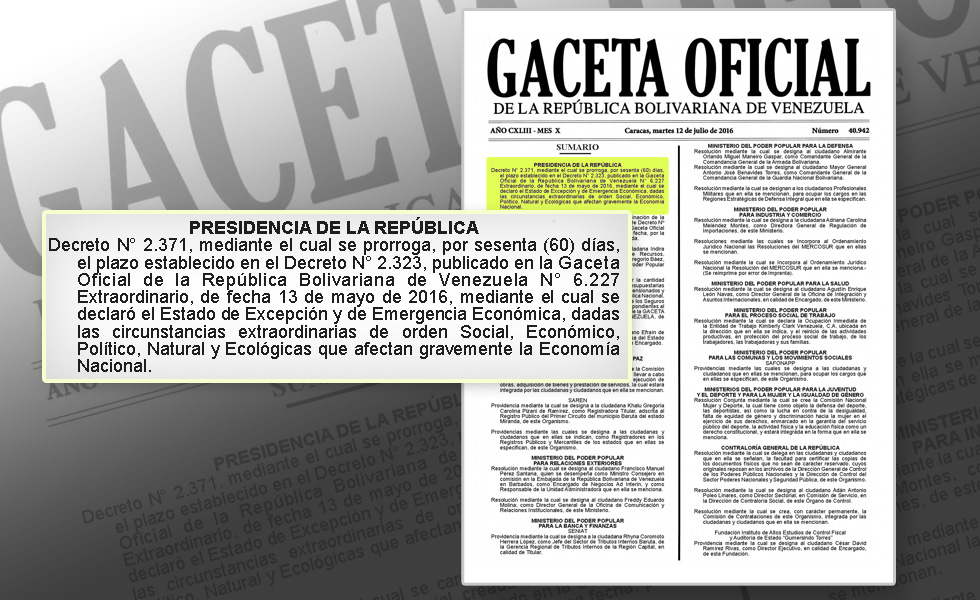 Prorrogan por 60 días del decreto de Estado de Excepción y Emergencia Económica