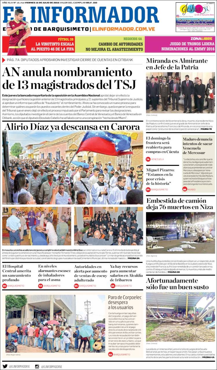 Portadas del viernes 15 de julio de 2016