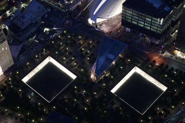 NEW YORK, NY - SEPTEMBER 8: An aerial view of the National September 11 Memorial & Museum, September 8, 2016 in New York City. New York City is preparing to mark the 15th anniversary of the September 11 terrorist attacks. Drew Angerer/Getty Images/AFP