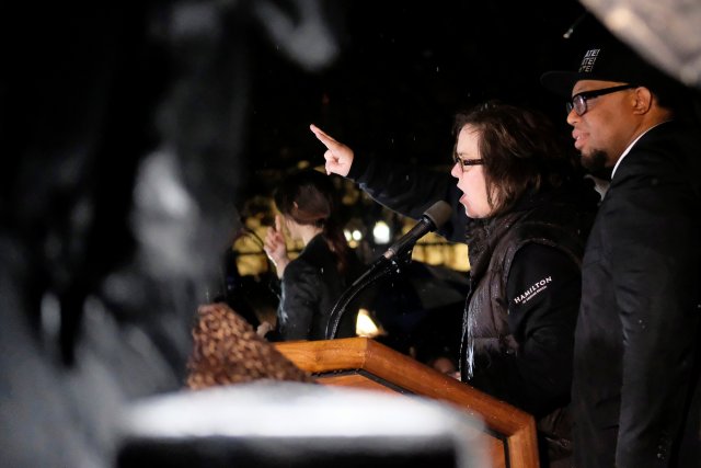 Rosie O'Donnell speaks at a protest rally organized by activists against U.S. President Donald Trump outside the White House in Washington