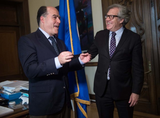 Julio Borges (L), President of Venezuela's National Assembly, meets with OAS Secretary General Luis Almagro in Washington, DC, on April 6, 2017. / AFP PHOTO / NICHOLAS KAMM