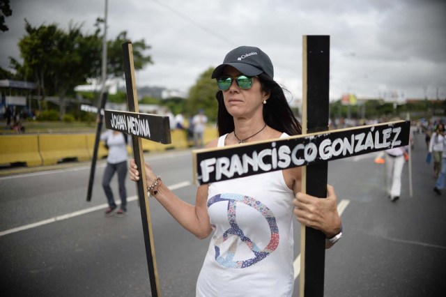 Venezuelan opposition activists carry out a protest against the government of President Nicolas Maduro, in Caracas, on May 15, 2017. Venezuelans launched a seventh week of anti-government demonstrations by blocking roads on Monday, vowing not to budge all day in protest at a deadly political and economic crisis. / AFP PHOTO / FEDERICO PARRA