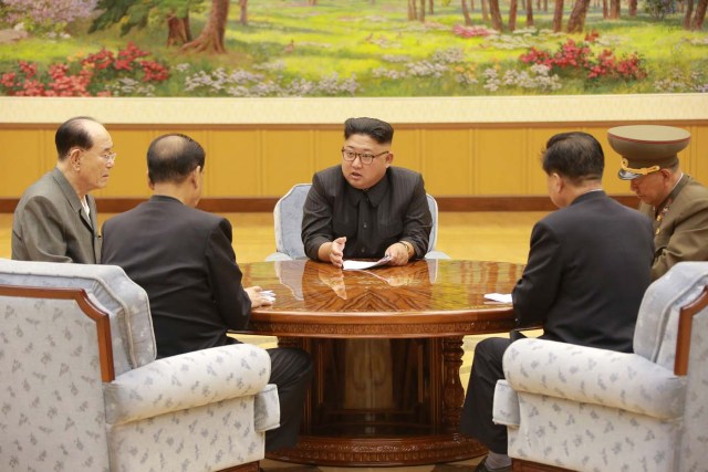 North Korean leader Kim Jong Un participates in a meeting with the Presidium of the Political Bureau of the Central Committee of the WorkersÕ Party of Korea in this undated photo released by North Korea's Korean Central News Agency (KCNA) in Pyongyang September 4, 2017. KCNA via REUTERS ATTENTION EDITORS - THIS PICTURE WAS PROVIDED BY A THIRD PARTY. REUTERS IS UNABLE TO INDEPENDENTLY VERIFY THIS IMAGE. FOR EDITORIAL USE ONLY. NOT FOR USE BY REUTERS THIRD PARTY DISTRIBUTORS. SOUTH KOREA OUT.