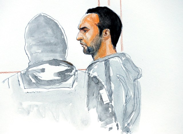 A court artist drawing shows Sofien Ayari in courtroom during his trial in Brussels, Belgium, February 5, 2018. REUTERS/Yves Capelle NO RESALES. NO ARCHIVES