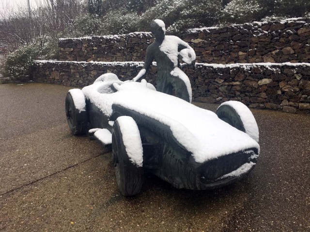 F1 Formula One - Formula One Test Session - Circuit de Barcelona-Catalunya, Montmelo, Spain - February 28, 2018 The snow covered statue of former Argentine formula one world champion Juan Manuel Fangio at the entrance of the Montmelo circuit REUTERS/Alan Baldwin