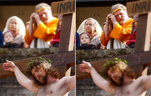 A combination of two pictures shows embers of the Italian community taking part in a re-enactment of the crucifixion of Jesus Christ on Good Friday in Bensheim, southwest of Frankfurt, Germany, March 30, 2018. REUTERS/Kai Pfaffenbach