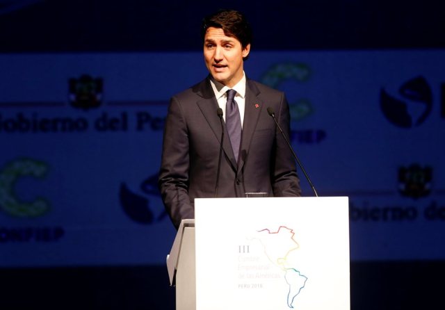 Canada's Prime Minister Justin Trudeau speaks during the Americas Business Summit in Lima, Peru April 13, 2018. REUTERS/Andres Stapff