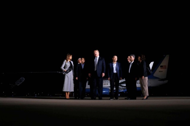 U.S.President Donald Trump speaks to the media as he meets the three Americans released from detention in North Korea upon their arrival at Joint Base Andrews, Maryland, U.S. May 10, 2018. REUTERS/Jonathan Ernst