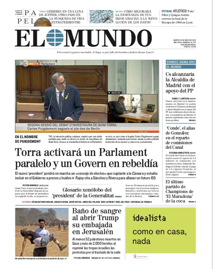 Portadas de la prensa internacional de este 15 de mayo de 2018