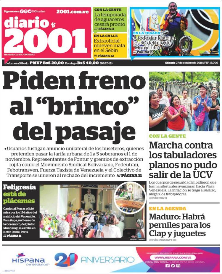 Portadas de este sábado 27 de octubre de 2018