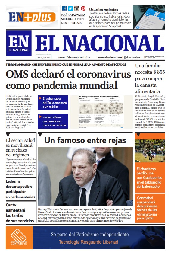 Portadas de este jueves 12 de marzo de 2020