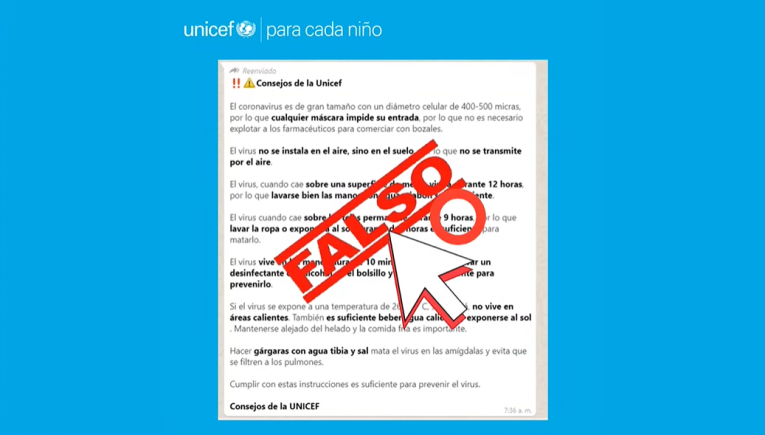 Unicef alerta sobre información falsa tras llegada del coronavirus