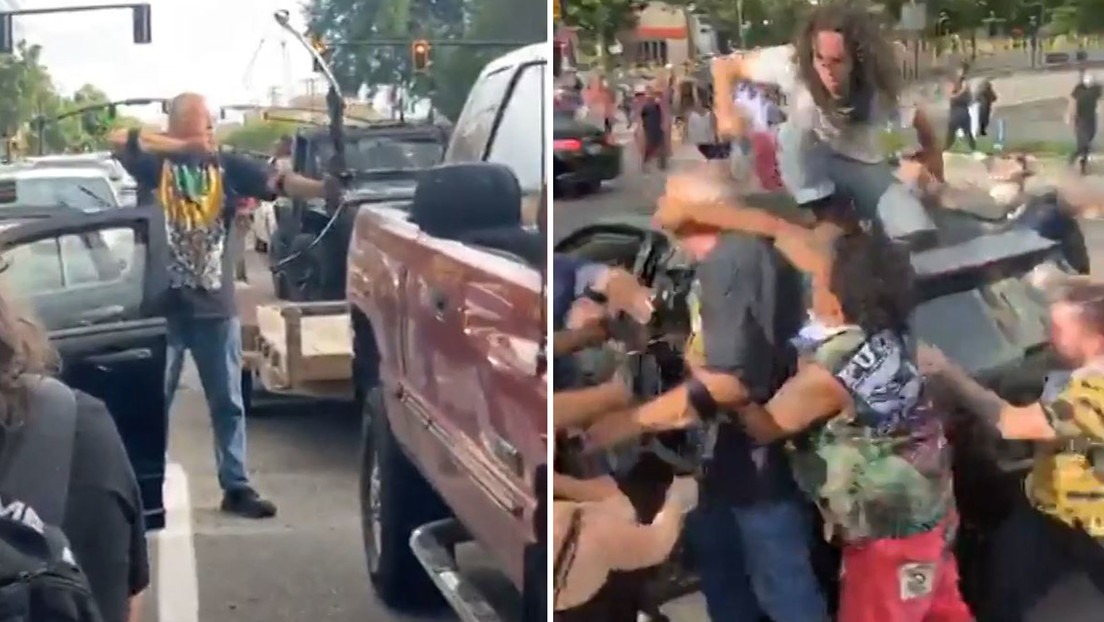 Le apuntó con un arco a los manifestantes que protestaban por la muerte de George Floyd y recibió una paliza (VIDEO)