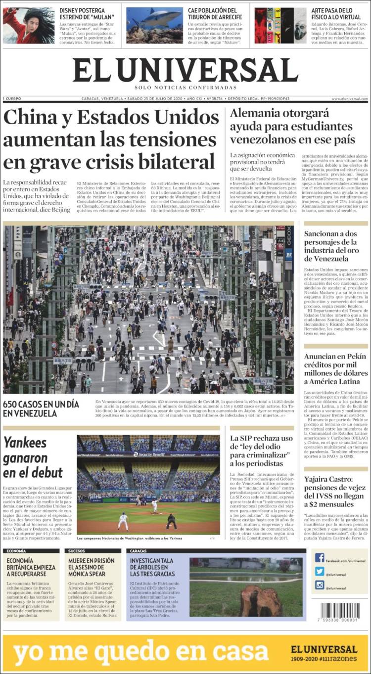 Portadas de este sábado 25 de julio de 2020