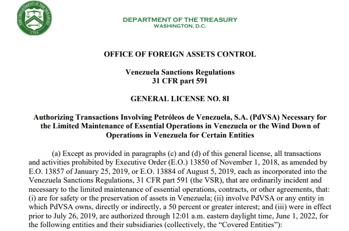 OFAC extiende licencia a Chevron y empresas de servicios petroleros hasta junio de 2022