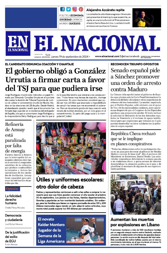 Portadas de este jueves 19 de septiembre de 2024